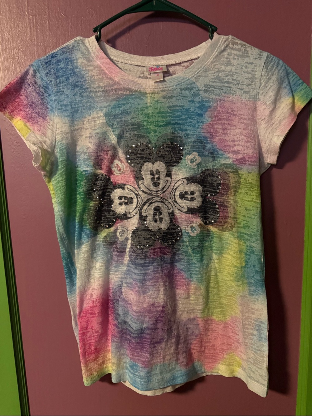 Justice Girls Size 16 Mickey Mouse Rhinestone Tie-Dye Burnout T-Shirt Disney